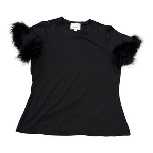Black Short Sleeve Top with Feather Accents